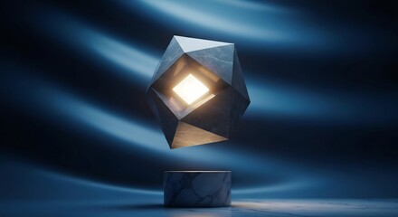 Fototapeta premium Faceted gray object with glowing core floats above marble pedestal in dark blue ambient setting