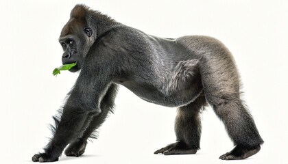 Magnificent Gorilla Eating Leaf on White Background