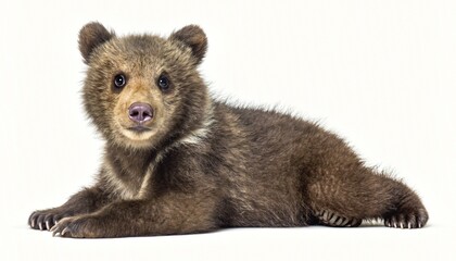 Adorable Brown Bear Cub Resting on White Background © nguyen