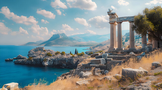 Ancient greek temple ruins on rocky seaside cliff overlooking ocean during daytime - Powered by Adobe