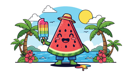 Cartoon watermelon character enjoying a popsicle on a tropical beach scene