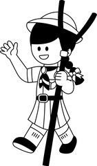 Black and white illustrations of thai girl scout is walking