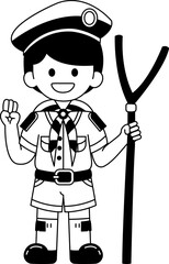 Black and white illustrations of a boy wearing a thai boy scouts uniform