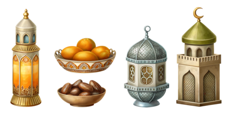 Ramadan lanterns and dates on white background isolated on a transparent background bowl ornaments