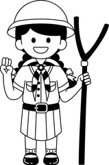 Black and white illustrations of a girl wearing a thai girl scouts uniform