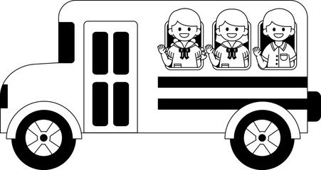 Black and white illustrations of A school bus with three Thai children