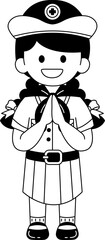 Black and white illustrations of long hair girl in a Girl Guide uniform is bowing