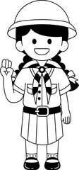 Black and white illustrations of a girl wearing a thai girl scouts uniform smiling