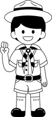 Black and white illustrations of a man wearing a thai boy scouts uniform smiling