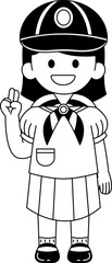 Black and white illustrations of short hair girl wearing a thai scout hat and scarf