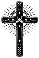 Black and White Celtic Cross Illustration with Sunburst Effect