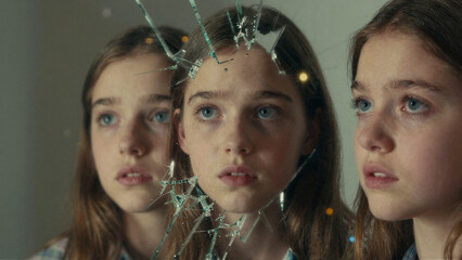 Young Woman Facing Broken Mirror Reflection, Identity Crisis, Emotional Vulnerability, Inner Conflict and Self Discovery Concept
