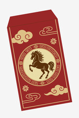 A red Chinese New Year envelope featuring a rearing brown horse on a golden circle with traditional cloud and floral patterns.
