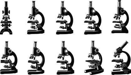 Microscope silhouette collection showing laboratory scientific optical instruments isolated black vector illustration set for education research medical design use