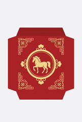 Traditional Chinese red envelope with a golden horse zodiac design and intricate patterns, symbolizing good fortune and prosperity for the New Year.