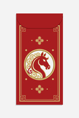 A vibrant red envelope featuring a golden horse head design and traditional patterns, symbolizing good fortune for the Lunar New Year.