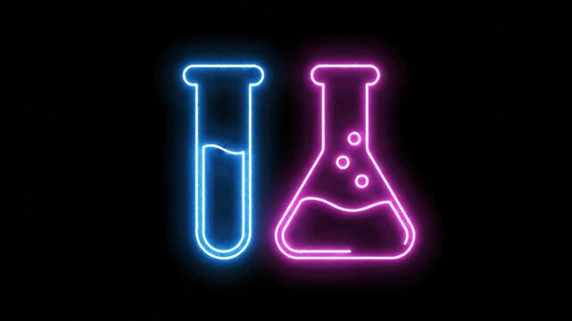 Neon laboratory glassware, glowing blue test tube and pink Erlenmeyer flask animation on black background