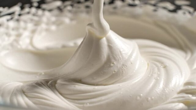 Close-up of whipped cream swirling in a mixing bowl with beater attachment in use for dessert preparation