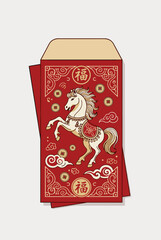 Red envelope with a rearing white horse, gold coins, and traditional Chinese patterns for good fortune.