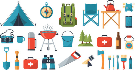 Camping and outdoor adventure equipment collection featuring tent backpack compass barbecue grill and survival tools for hiking and mountain forest tourism vector design. © MstBobita
