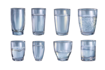 Various clear glasses filled with water on a gray surface in indoor lighting