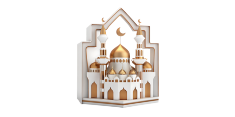 White and gold mosque model with golden domes and minarets on white base isolated on a transparent background