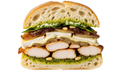 Mega sandwich with ciabatta, roasted chicken chunks, caramelized onions, Brie cheese slices, and pesto sauce isolated on transparent background