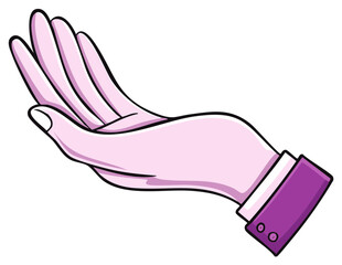 Obraz premium Illustration of an outstretched hand with pink skin tone and purple sleeve cuffs in a cartoon style.
