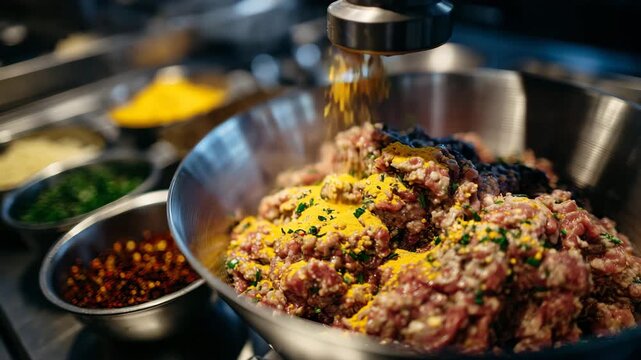 351Side view of sausage mince rotating in a large grinder, bowls of mixed spices beside it, bright stainless steel surfaces reflecting light