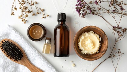Flat lay of hair care products with brush, towel, & dried flowers on white