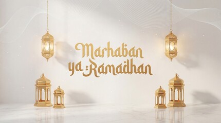 Ramadan Lanterns and Warm Greetings Decor, Minimalist Interior Setting, Front View, Festive Culture Concept