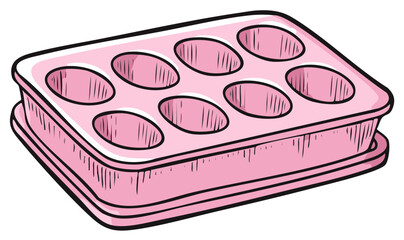 Simple cartoon drawing of an empty pink plastic tray with eight oval slots