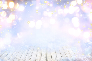 ARRIÈRE-PLAN DE NOËL BOKEH AVEC LUMIÈRES ET PLANCHER BLANC