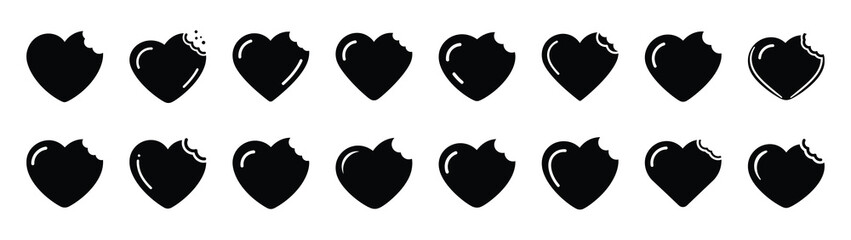 A set of heart cookie bite minimal flat vector icon set. valentines day design element.