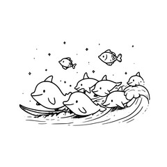 Smiling Dolphins Surfing Wave with Fish Isolated on White