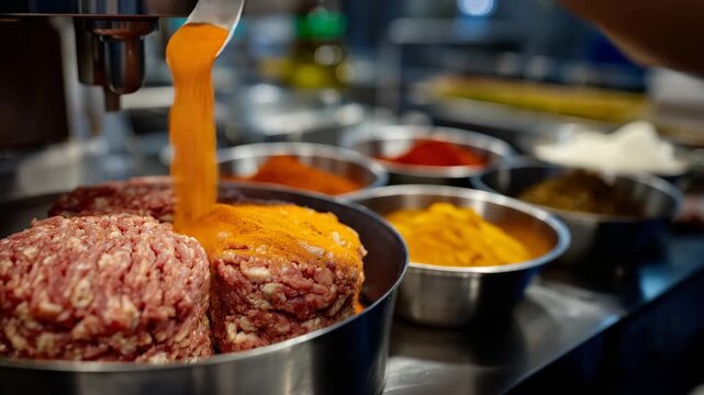 363Rotating sausage mince in industrial grinder, bowls of paprika, pepper, and other spices arranged neatly, spotless production area