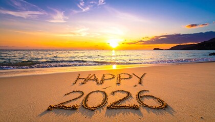 A scenic beach at sunset with “HAPPY 2026” written in the sand, golden sky reflections on water, gentle waves, and distant cliffs.