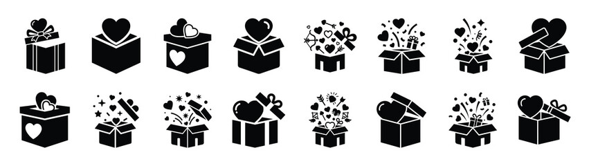 A set of love surprise box minimal flat vector icon set. valentines day design element.