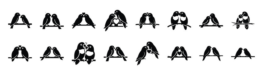 A set of lovebird couple perch minimal flat vector icon set. valentines day design element.