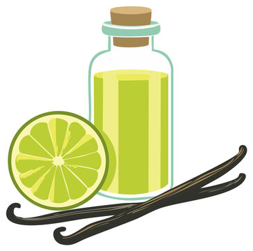Natural citrus and vanilla extract in a bottle with fruit and pods illustration