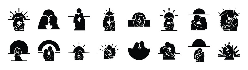 A set of romantic sunrise couple minimal flat vector icon set. valentines day design element.