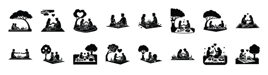 A set of romantic picnic scene minimal flat vector icon set. valentines day design element.