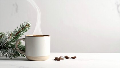 A white ceramic mug with steam rising, placed on a white surface beside a pine branch and coffee beans, set against a light gray textured background in soft natural light.
