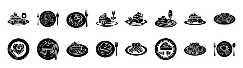 A set of valentine dessert plate minimal flat vector icon set. valentines day design element.