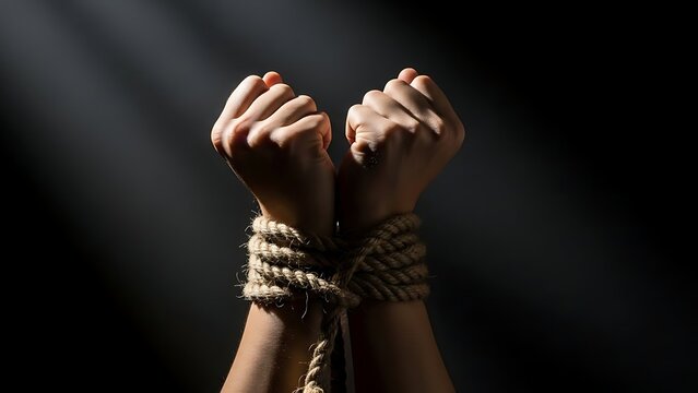 Tied hands with rope against a dark backdrop, symbolizing constraint and struggle. The image evokes a sense of confinement and powerlessness.