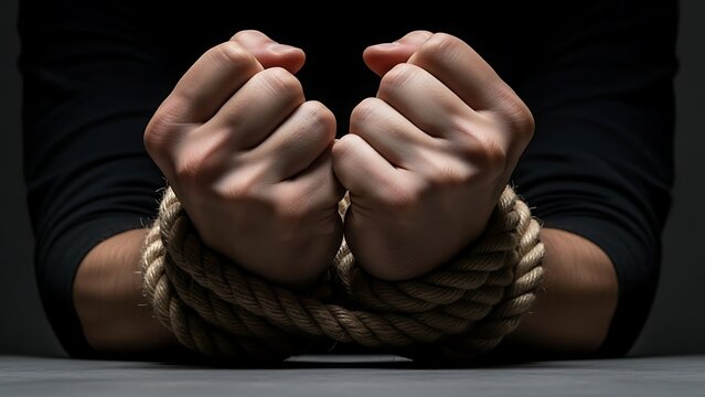 A person's hands are bound tightly together with a thick rope, symbolizing a lack of freedom or constraint. The close-up shot focuses on the hands, highlighting the tension and struggle.