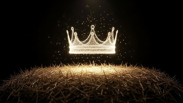 A majestic glowing crown rests atop a bed of hay, emanating a warm, regal aura. It symbolizes royalty, power, and prestige