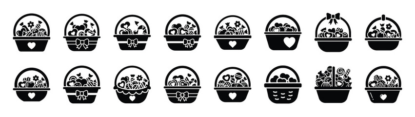 A set of valentine sweet basket minimal flat vector icon set. valentines day design element.