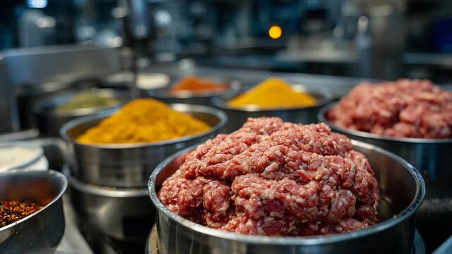 372Different types of sausage mince rotating in large grinders, bowls of colorful spices nearby, hygienic and bright production environment