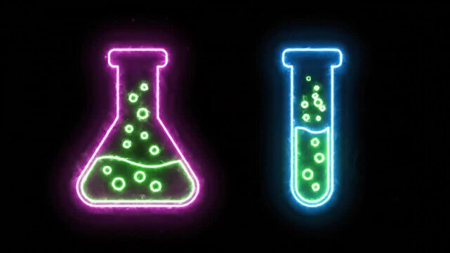 Neon laboratory glassware of Erlenmeyer flask and test tube glowing against black background with bubbling liquid for scientific experiment illustration